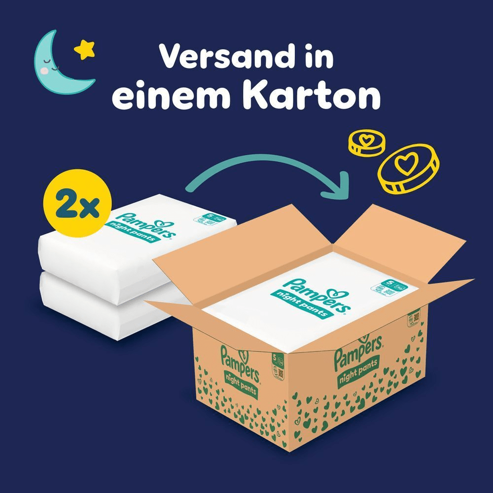 Das Bild zeigt, dass 2 Pampers Night Pants Größe 5 in einer Monatsbox inkludiert sind und in einem Karton versendet werden.