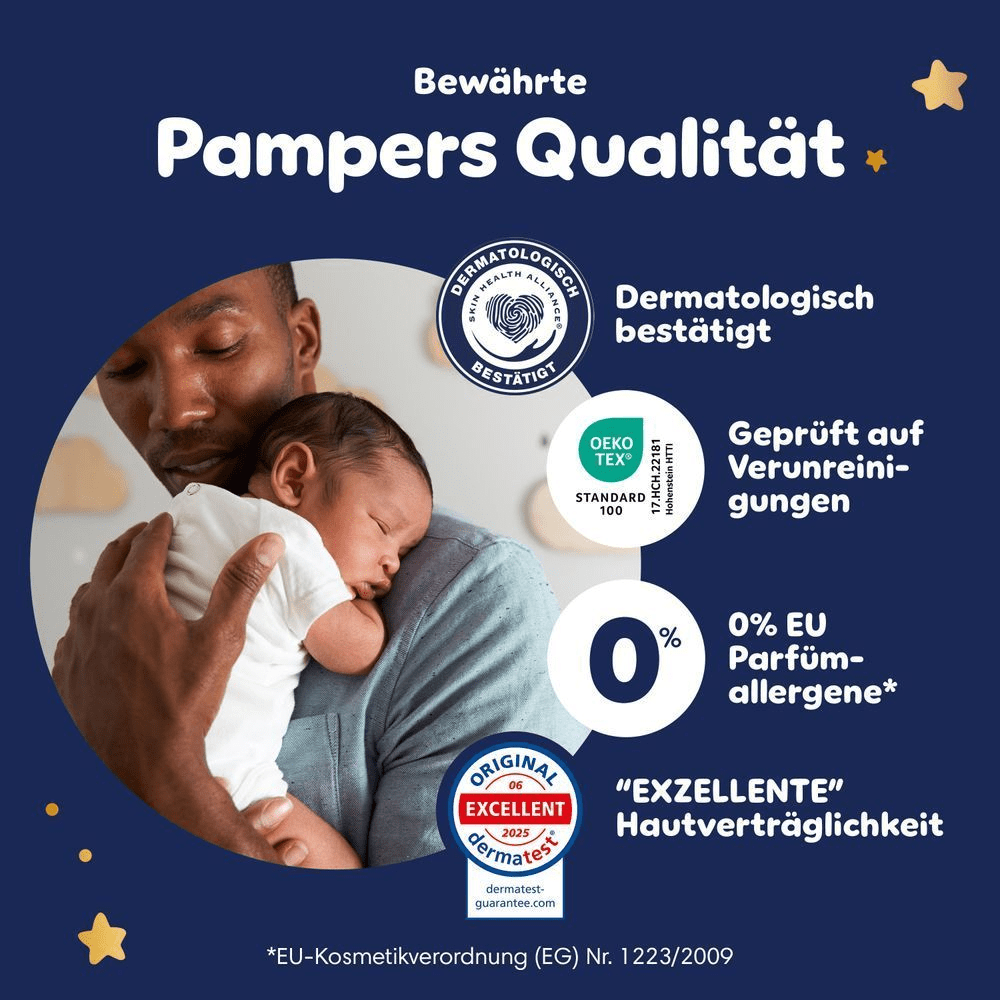 Pampers Qualität wird mit "0% EU Parfüm-allergene" und "Exzellente Hautverträglichkeit zertifiziert" hervorgehoben.
