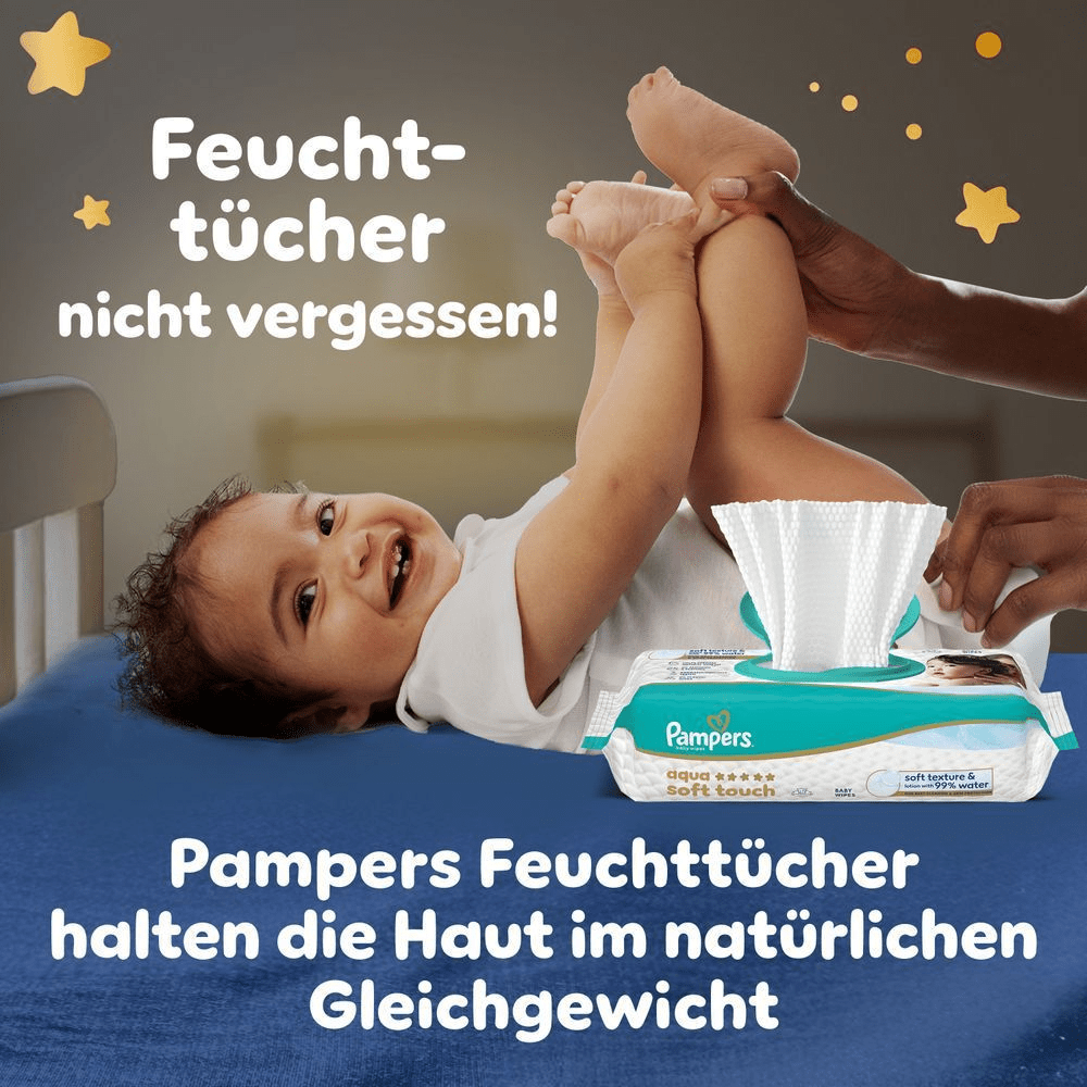 Pampers Aqua Soft Touch Feuchttücher, welche die Haut im natürlichen Gleichgewicht halten.