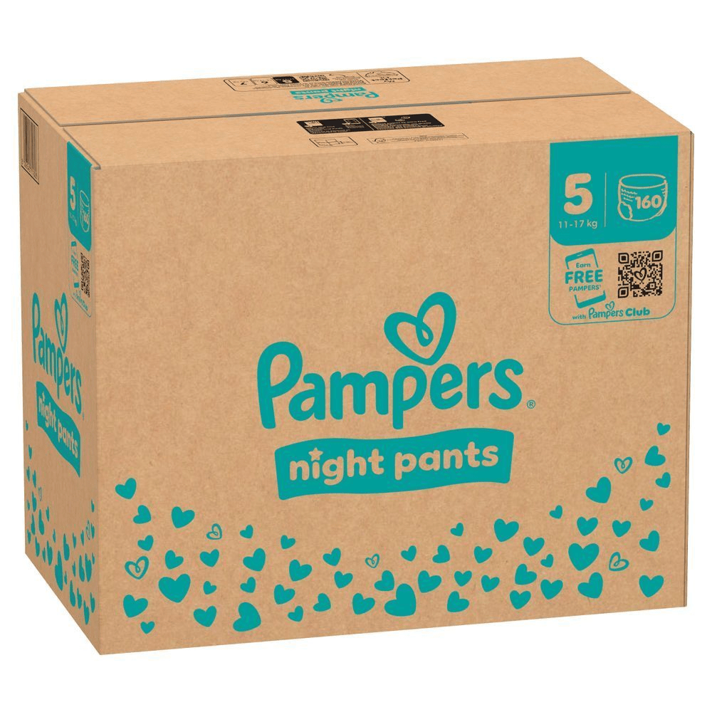 Pampers Night Pants, Größe 5 (11-17 kg), Großpackung mit 160 Windeln und Hinweis auf die Pampers Club App für Gratisprodukte.