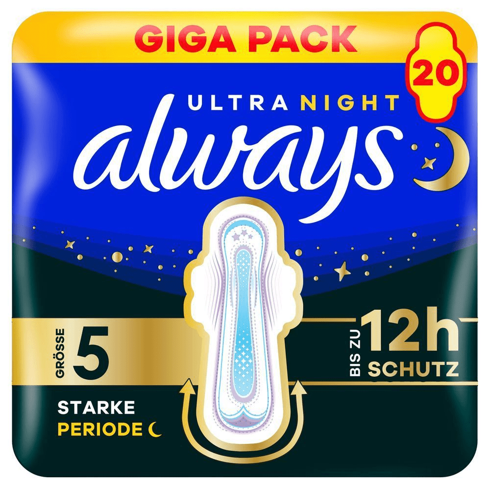 Always Ultra Night Binden, Giga Pack mit 20 Stück, Größe 5 für starke Periode, bis zu 12 Stunden Schutz.