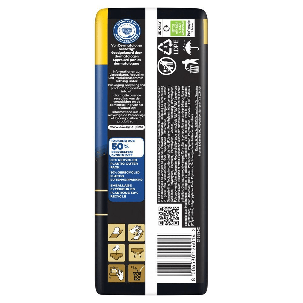 Always Damenbinden-Verpackung mit dem Hinweis, dass die Packung aus 50 % recyceltem Kunststoff besteht und von Dermatologen bestätigt wurde.