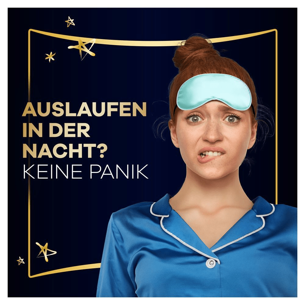 Frau mit Schlafmaske und Pyjama, die besorgt aussieht, mit dem Text "Auslaufen in der Nacht? Keine Panik".