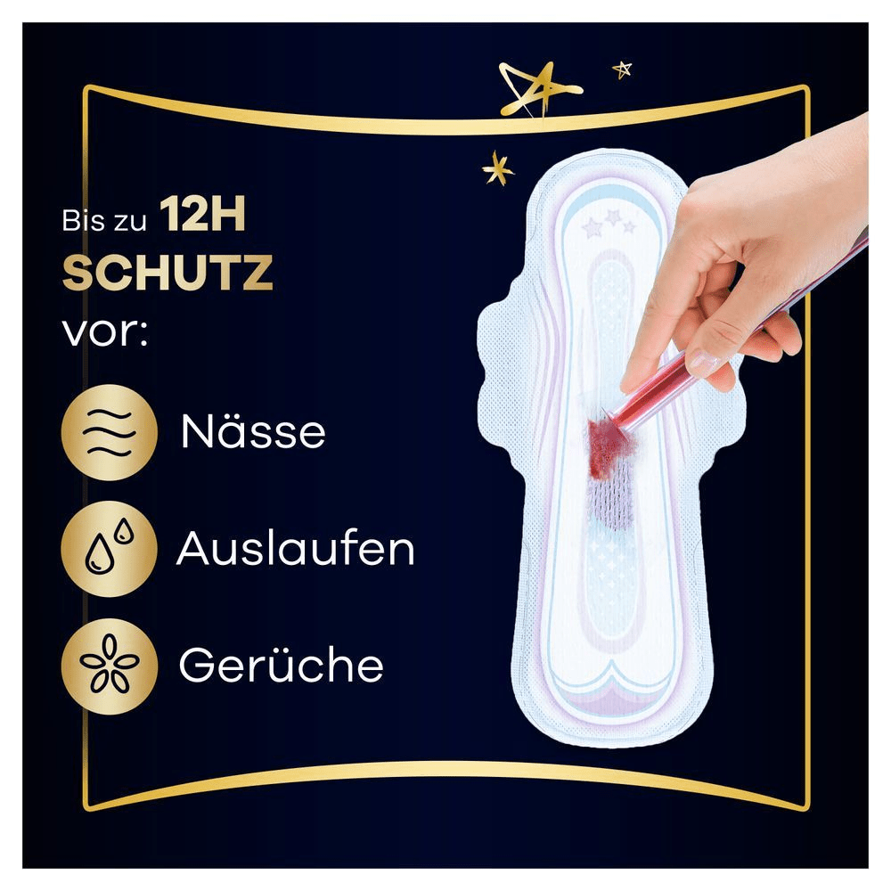 Always Binde demonstriert mit roter Flüssigkeit die Schutzwirkung vor Nässe, Auslaufen und Gerüchen, mit bis zu 12 Stunden Schutz.