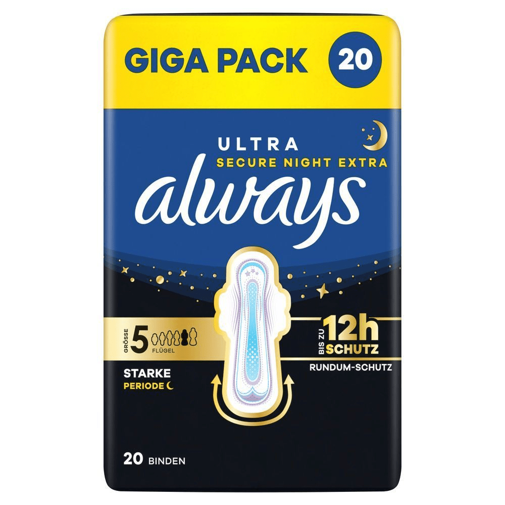 Always Ultra Secure Night Extra Binden im Giga-Pack mit der Aufschrift "bis zu 12h Schutz".