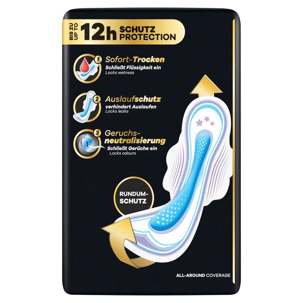 Verpackung für Damenbinden mit bis zu 12 Stunden Schutz, die Flüssigkeit einschließen, Auslaufen verhindern und Gerüche neutralisieren.