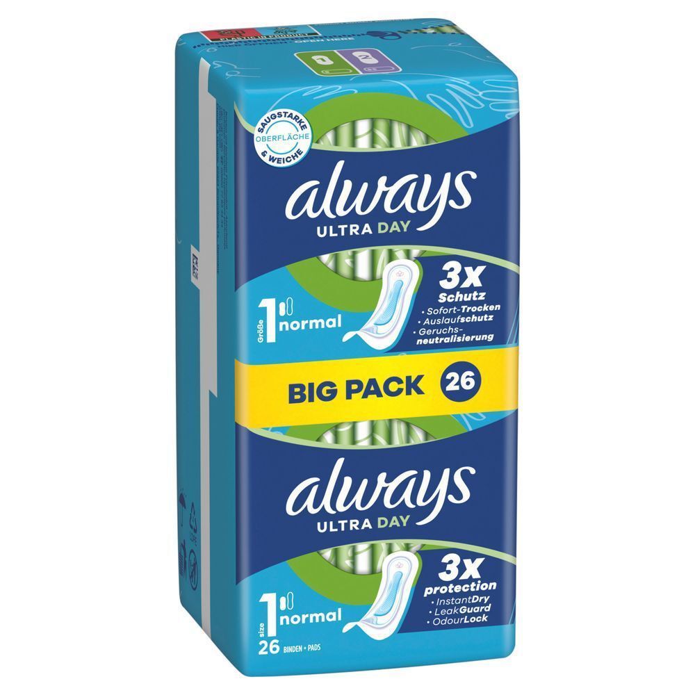 Always Ultra Day Binden, Normal ohne Flügel, Big Pack mit 26 Stück, 3-fachen Schutz.;