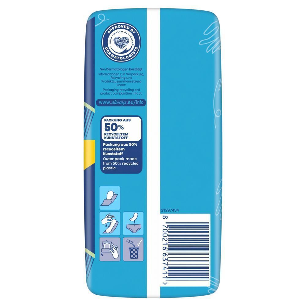 Always Ultra Binden Verpackung, hervorgehoben wird die Aussage, dass die Packung aus 50% recyceltem Kunststoff besteht.;