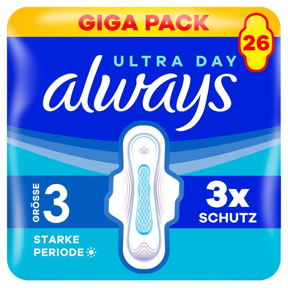 Always Ultra Day Damenbinden im Gigapack mit 26 Stück, Größe 3 für die starke Periode und 3-fach Schutz.