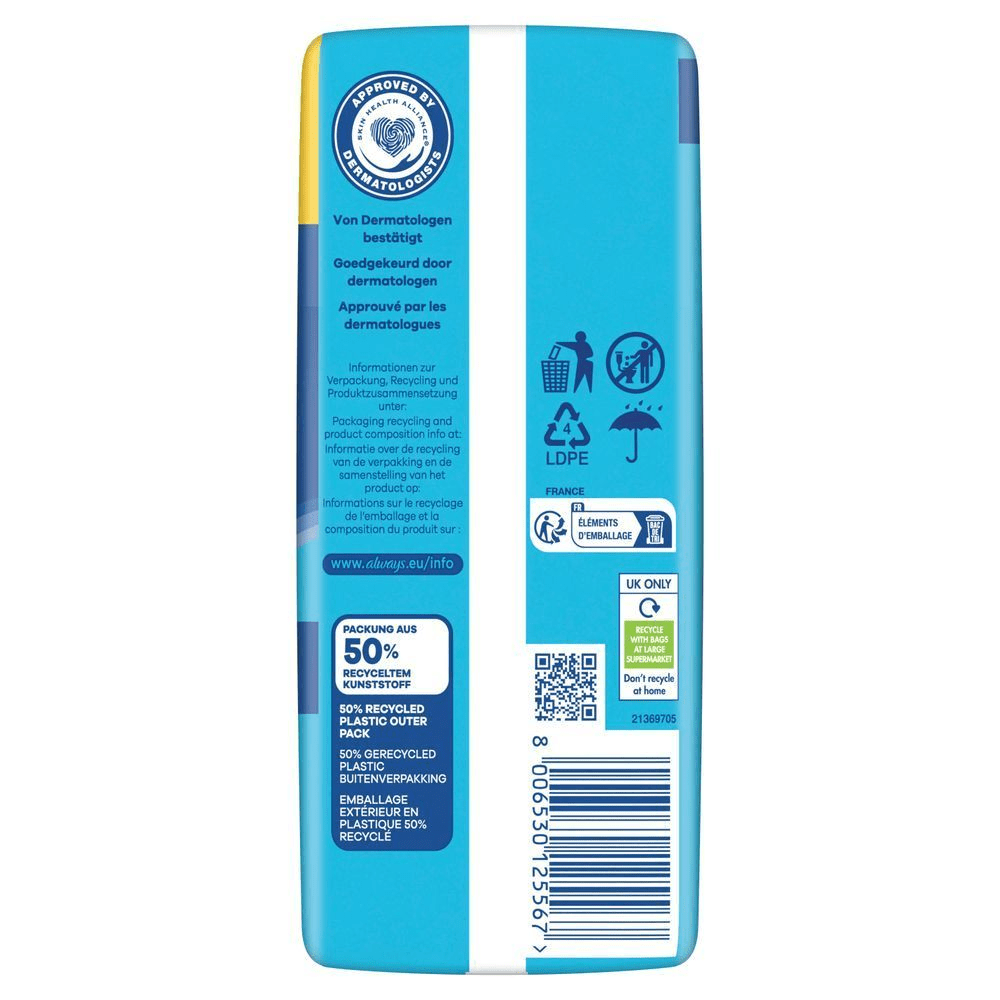 Always Damenbinden-Verpackung mit dem Hinweis "Von Dermatologen bestätigt" und "Packung aus 50% recyceltem Kunststoff".