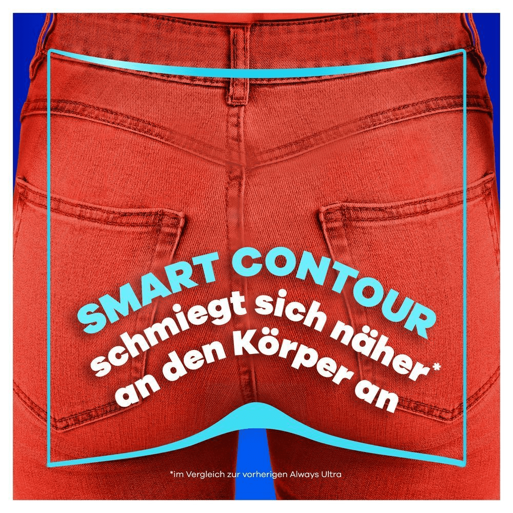 Rote Jeanshose von hinten mit türkisfarbenem Rahmen, die "Smart Contour passt sich enger an Sie an" hervorhebt.