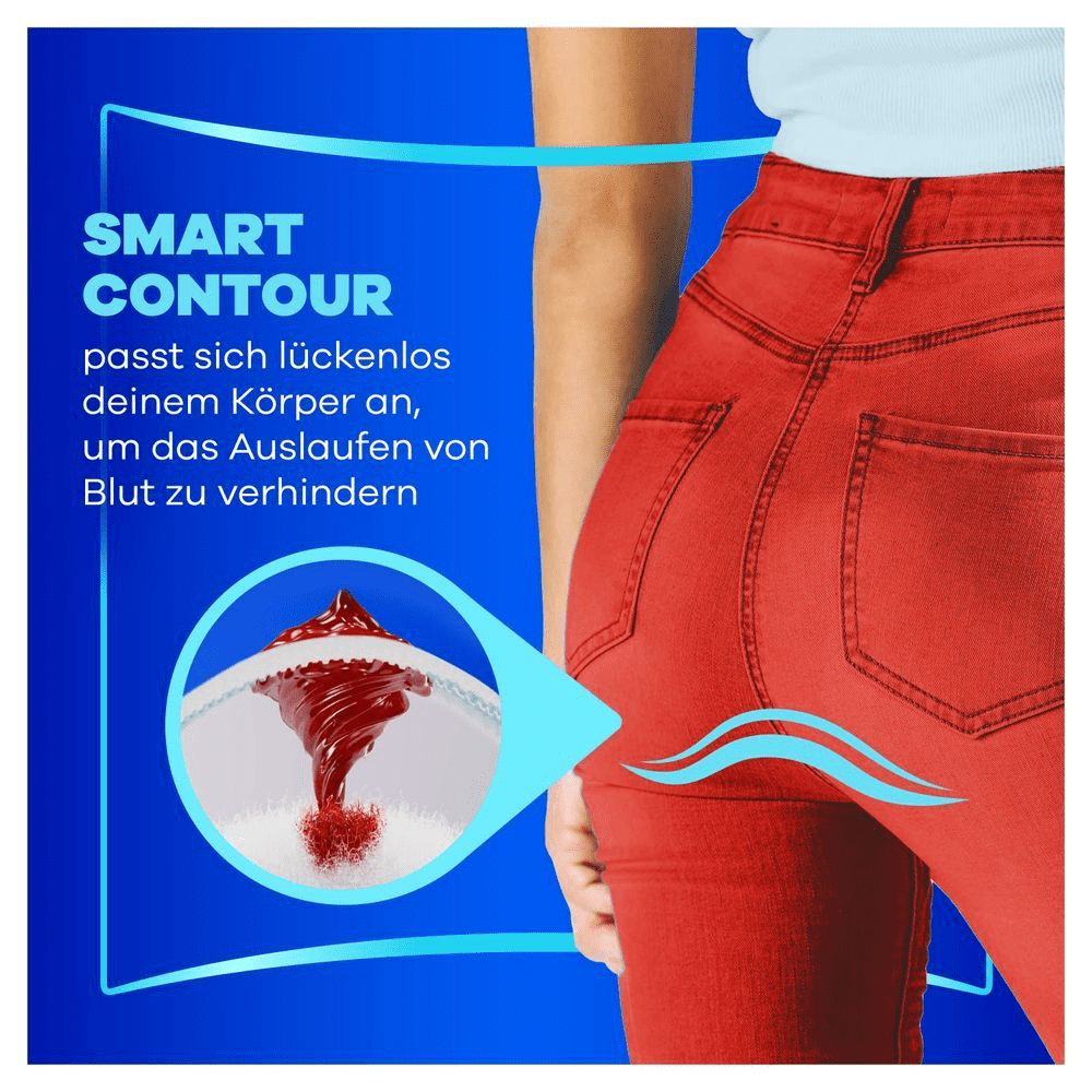 Always Binde mit "Smart Contour", die sich lückenlos dem Körper anpasst, um das Auslaufen von Blut zu verhindern.