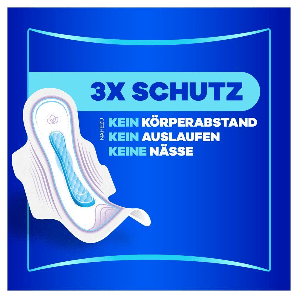 Always Damenbinde, die den 3X Schutz gegen Körperabstand, Auslaufen und Nässe hervorhebt.
