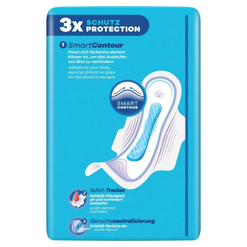 Verpackung mit Damenbinde, die durch „SmartContour“ lückenlosen Schutz bietet und das Auslaufen von Blut verhindert.