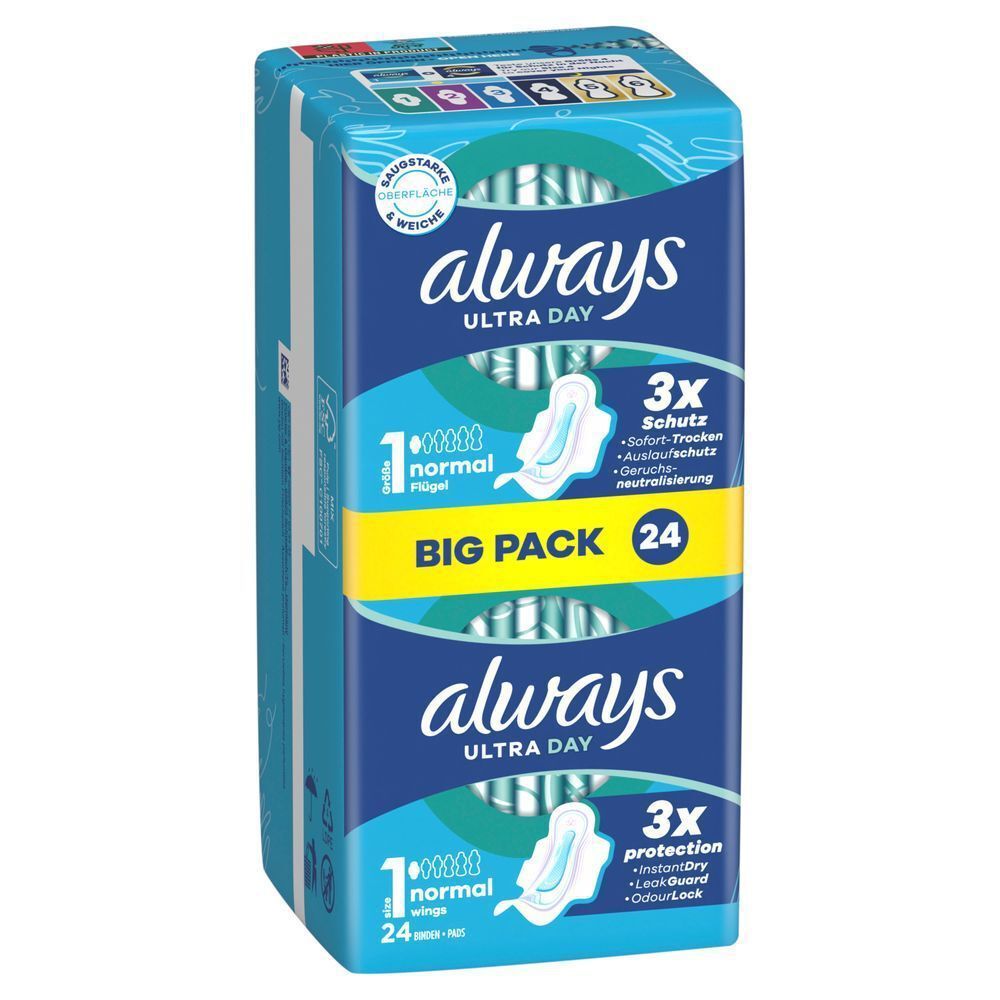 Always Ultra Day Binden, Größe 1, Normal mit Flügeln, Big Pack mit 24 Stück, 3-fache Schutz: Sofort-Trocken, Auslaufschutz und neutralisiert Gerüche;