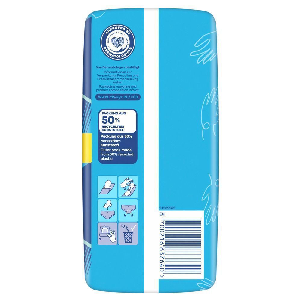Always Ultra Day Binden Verpackung, besteht Verpackung aus 50% recyceltem Kunststoff;