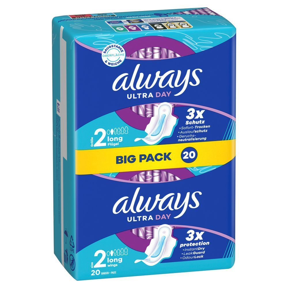Always Ultra Day Binden, Größe 2 Long, Big Pack mit 20 Stück, 3-fach Schutz: Sofort-Trocken, Auslaufschutz und neutralisiert Gerüche;
