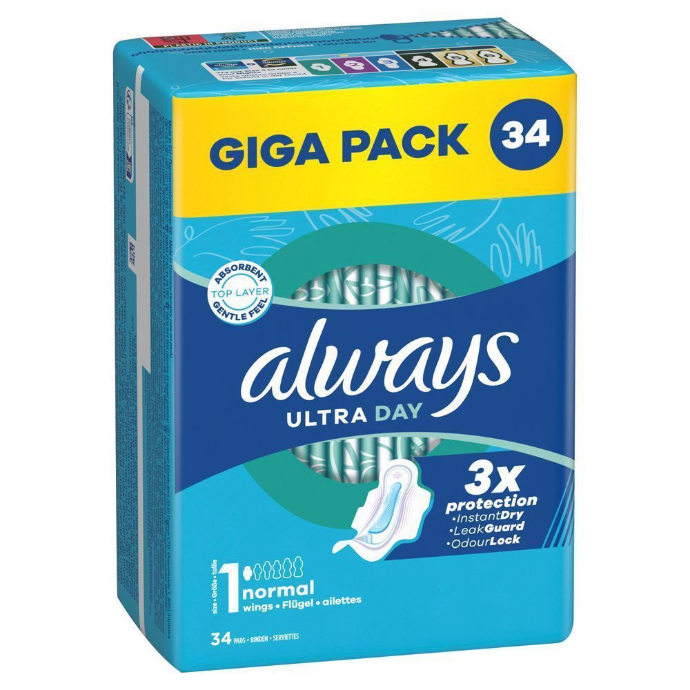Always Ultra Day Binden Verpackung, Größe 1 Normal, Giga Pack mit 34 Stück, 3-fach Schutz: Sofort-Trocken, Auslaufschutz und neutralisiert Gerüche;
