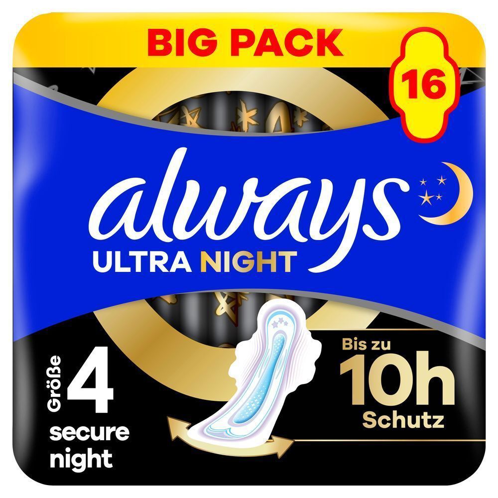Always Ultra Night Binden, Secure Night, Größe 4, Big Pack mit 16 Stück, bis zu 10 Stunden Schutz