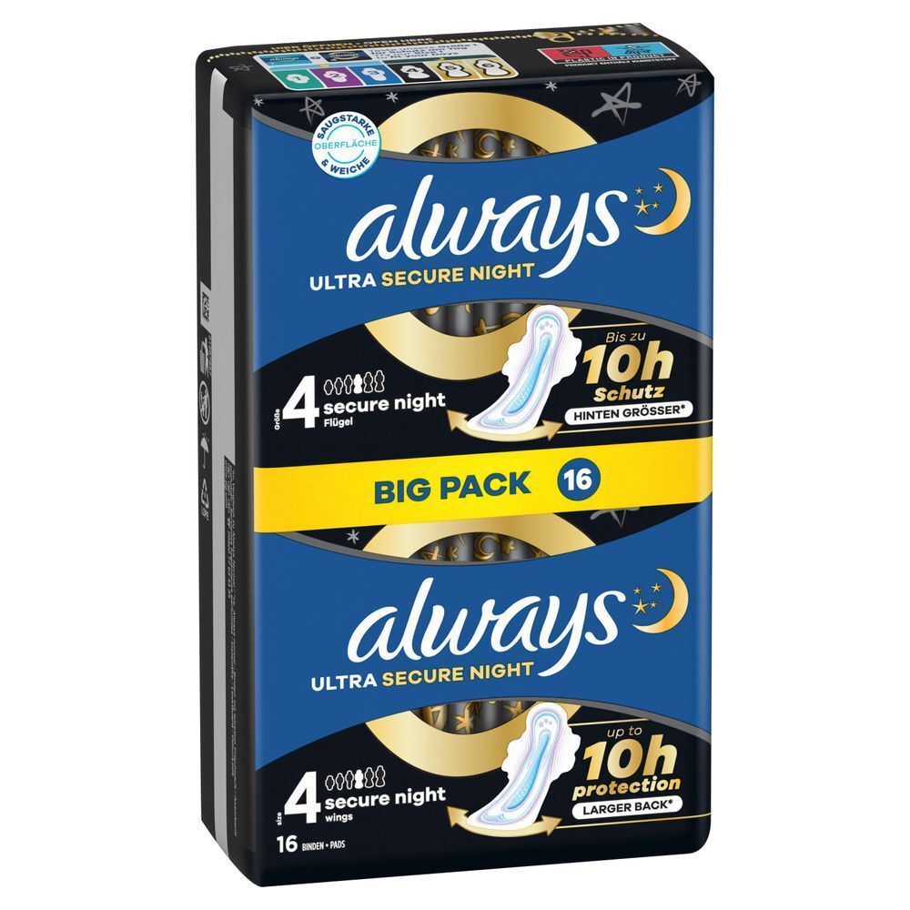 Always Ultra Secure Night Binden, Größe 4, Big Pack mit 16 Stück, mit bis zu 10 Stunden Schutz und größerem Rückenbereich.;