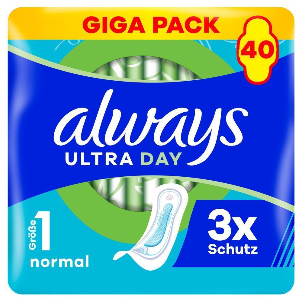 Always Ultra Day Binden, Normal ohne Flügel, Größe 1,Giga Pack mit 40 Stück, 3-fach Schutz.