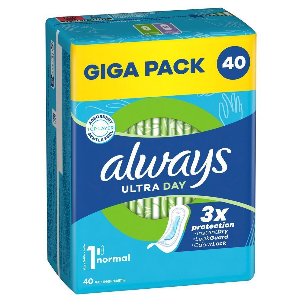 Always Ultra Day Binden, Normal ohne Flügel, Größe 1, Giga-Pack mit 40 Stück, 3-fach Schutz: Sofort-Trocken, Auslaufschutz und neutralisiert Gerüche;