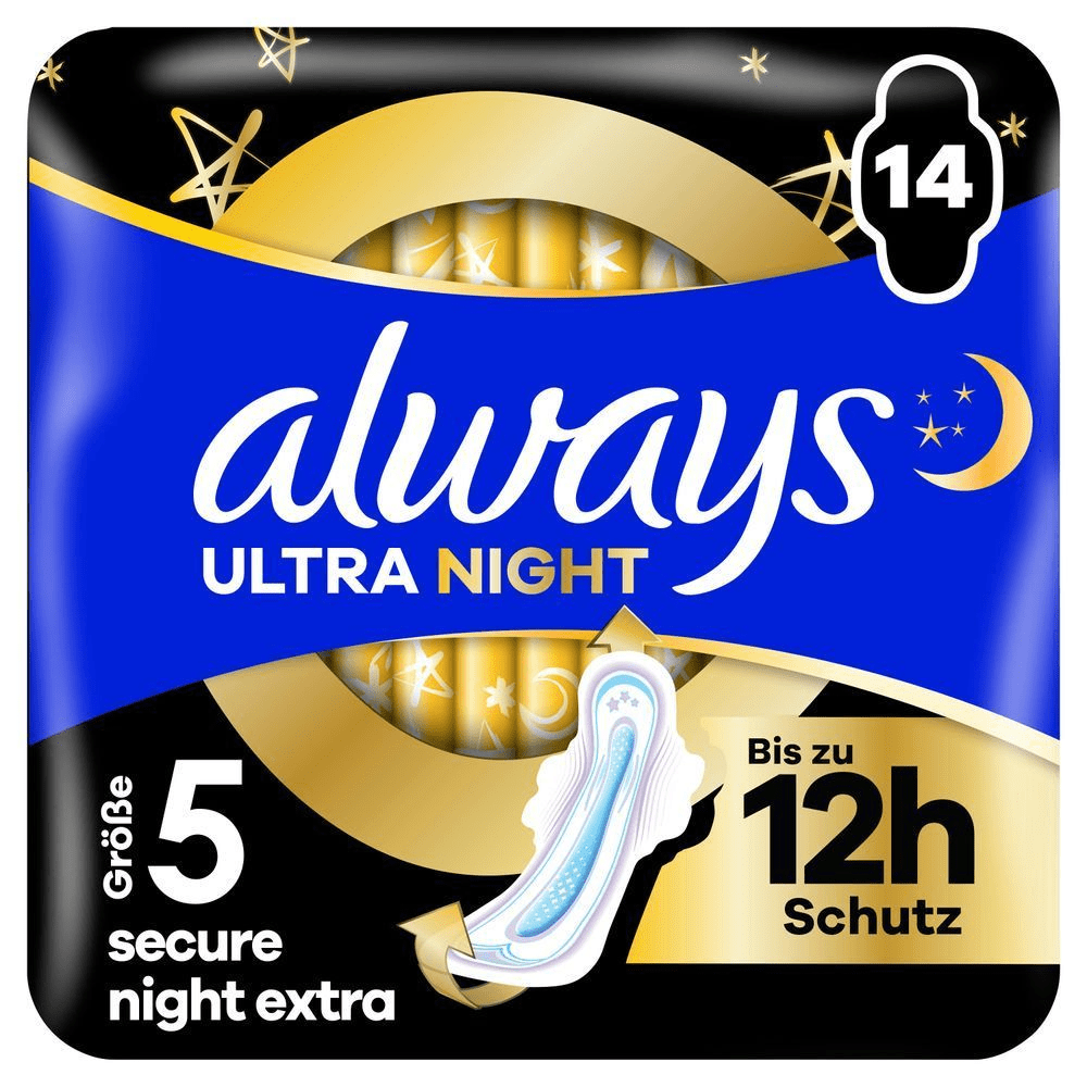Always Ultra Night Binden, secure night extra, Größe 5, 15 Stück, bis zu 12 Stunden Schutz