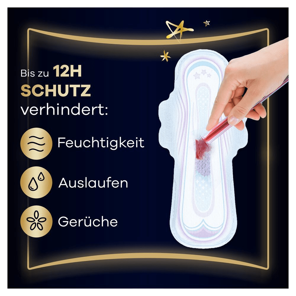Always Binden-Schutz: Verhindert Feuchtigkeit, Auslaufen und Gerüche, wie durch die Flüssigkeitsaufnahme in der Binde demonstriert wird.
