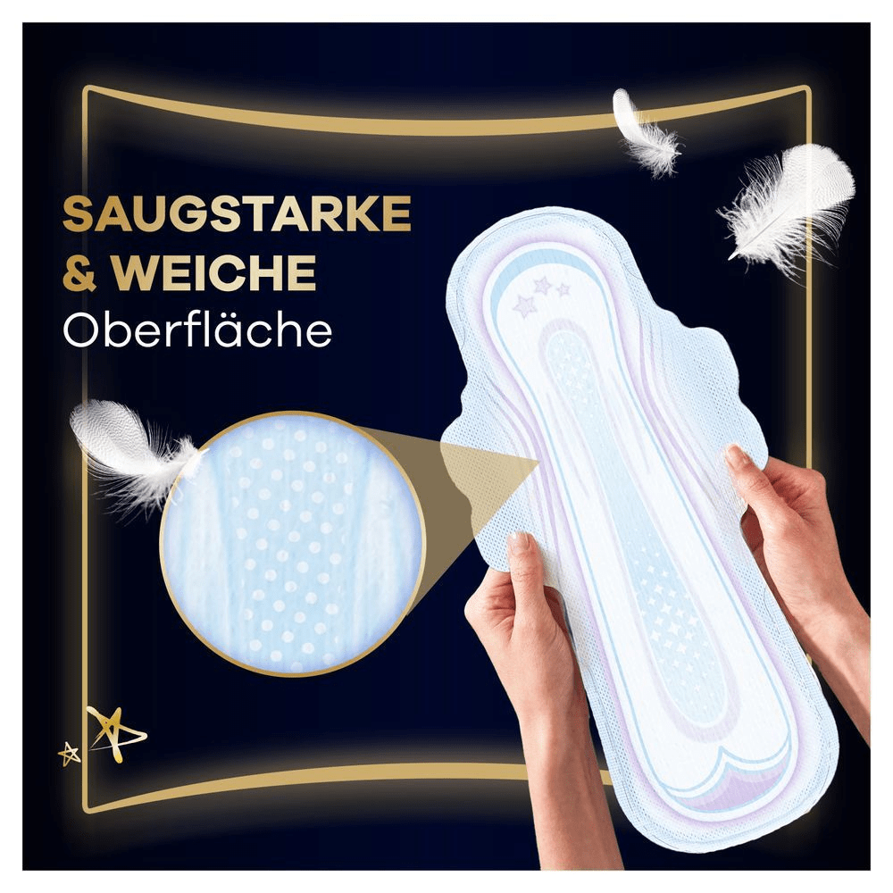 Always Binden werden von Händen gehalten, mit dem Hinweis auf eine saugstarke und weiche Oberfläche durch eine Vergrößerung.