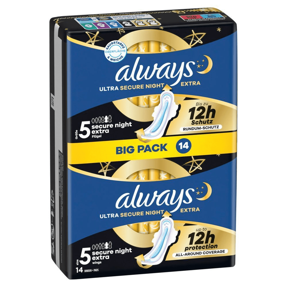 Always Ultra Secure Night Extra Binden, Größe 5, Big Pack 14 Stück, bis zu 12 Stunden Schutz Rundum-Schutz ;
