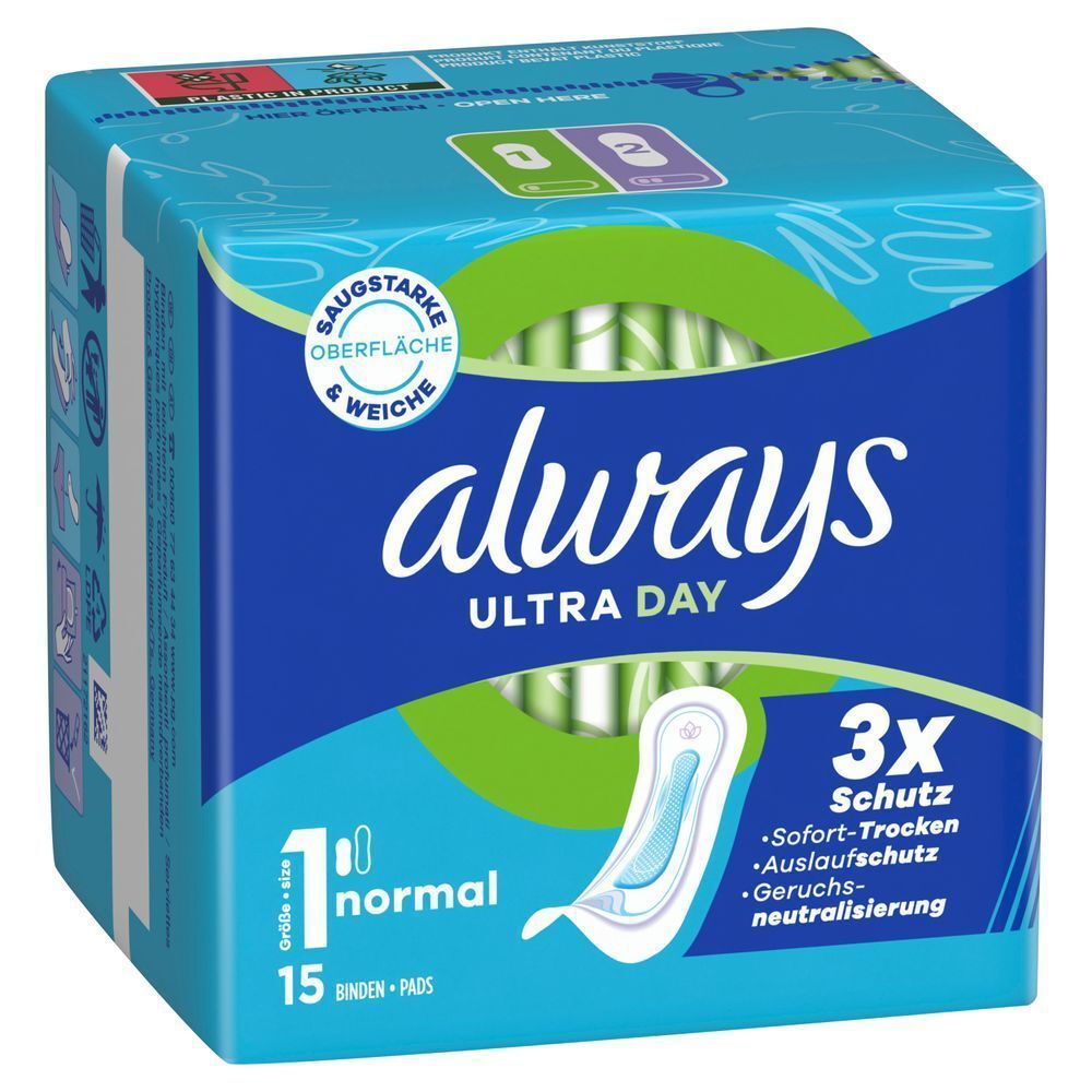 Always Ultra Day Binden, Normal ohne Flügel, Größe 1,15 Stück, 3-fach Schutz: Sofort-Trocken, Auslaufschutz und neutralisiert Gerüche;