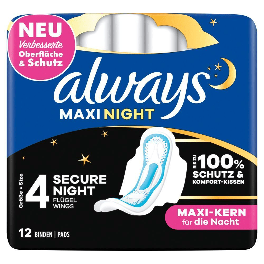 Always Maxi Night Pads, NEU mit verbesserter Oberfläche & Schutz, Größe 4 SECURE NIGHT. [EN] Always Maxi Night pads, size 4 secure night, with wings, 12 count, up to 100 percent protection and comfort. Plastic pack front pane l in black, Always logo blue.
