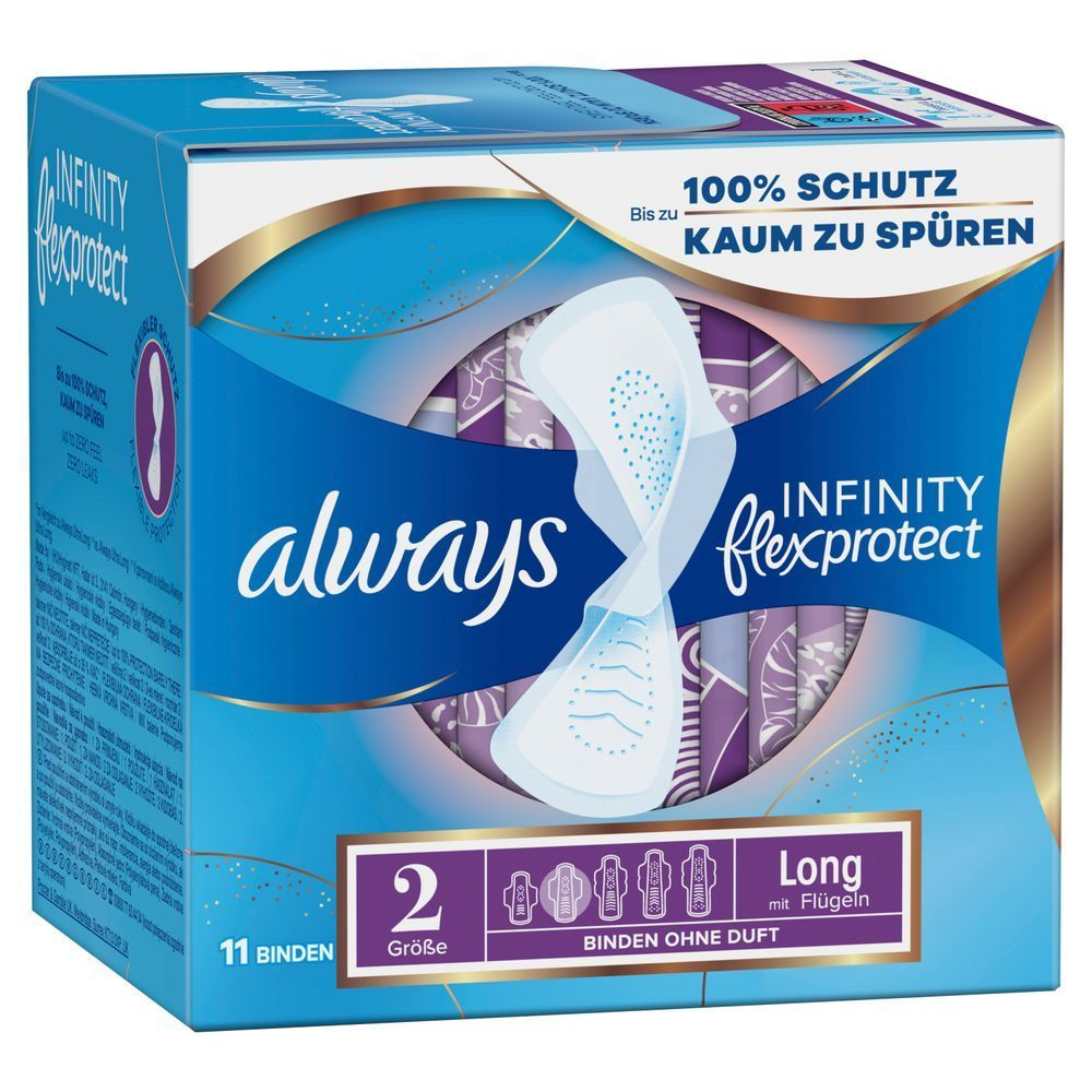 Always Infinity Flexprotect Binden, Größe 2 Long, 11 Stück, Bis zu 100% Schutz, kaum zu spüren [EN] Always Infinity Flexprotect pads packaging, highlighting "100% Schutz, Kaum zu Spüren" (100% Protection, Barely Noticeable).;