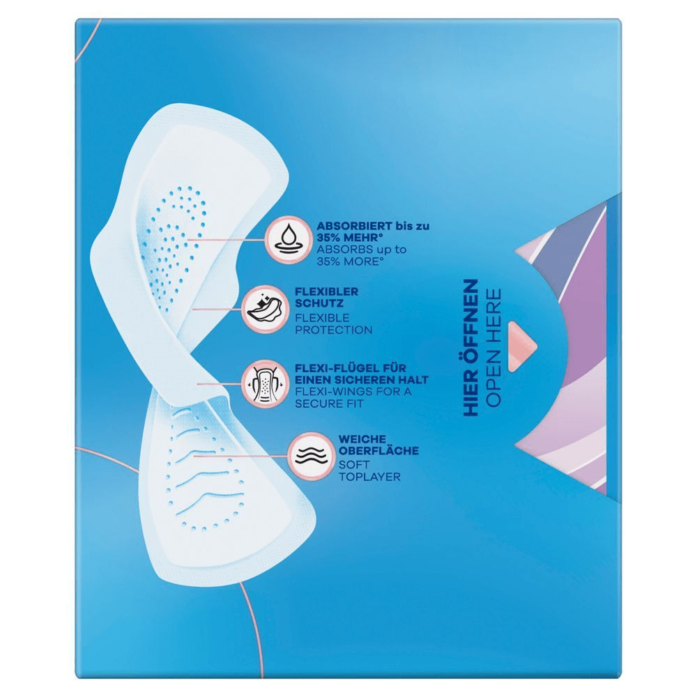 Always Infinity Flexprotect Binden Verpackung, absorbiert bis zu 35% mehr, flexibler Schutz, Flexi Flügel für sicheren Halt, weiche Oberfläche [EN] Always packaging highlighting the features of absorbing up to 35% more, flexible protection, flexi-wings for a secure fit, and a soft toplayer. [HR] Always higijenski ulošci, pakiranje koje naglašava upijanje do 35% više i fleksibilnu zaštitu. [CS] Always vložky, balení zdůrazňující absorpci až o 35 % více a flexibilní ochranu. [HU] Always betét csomagolása, kiemelve a 35%-kal nagyobb nedvszívó képességet. [SK] Always vložky s obalom, ktoré zdôrazňujú absorpciu až o 35% viac, flexibilnú ochranu a mäkkú vrchnú vrstvu. [SL] Always higienski vložek, poudarja do 35% večjo vpojnost in fleksibilno zaščito.;