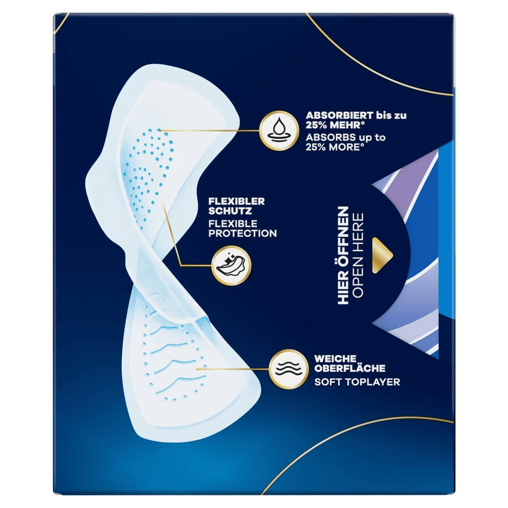 Always Infinity Flexprotect Binden Verpackung, absorbiert bis zu 25% mehr, flexibler Schutz, weiche Oberfläche
 [EN] Always pad packaging highlighting features like up to 25% more absorbency, flexible protection, and a soft toplayer. [HR] Always uložak, prikazan na pakiranju s naglaskom na upijanje do 25% više tekućine. [CS] Always vložky s obalem, zdůrazňující až o 25 % vyšší absorpci a flexibilní ochranu. [HU] Always termék csomagolása, kiemelve a "25%-kal több nedvszívó képesség" és a "rugalmas védelem" előnyeit. [SK] Balenie vložiek Always s vyznačením, že vložka absorbuje až o 25 % viac a má flexibilnú ochranu. [SL] Always vložki, embalaža poudarja do 25% večjo absorpcijo, fleksibilno zaščito in mehko zgornjo plast.;