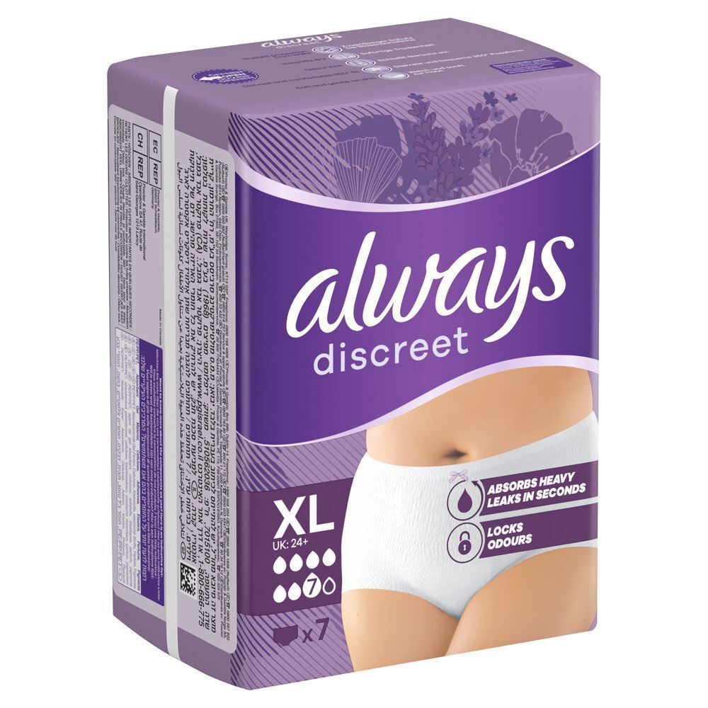 Always Discreet HÃ¶schen XL, 7 StÃ¼ck [EN] Always Discreet underwear packaging, highlighting "Absorbs Heavy Leaks in Seconds" and "Locks Odours".;