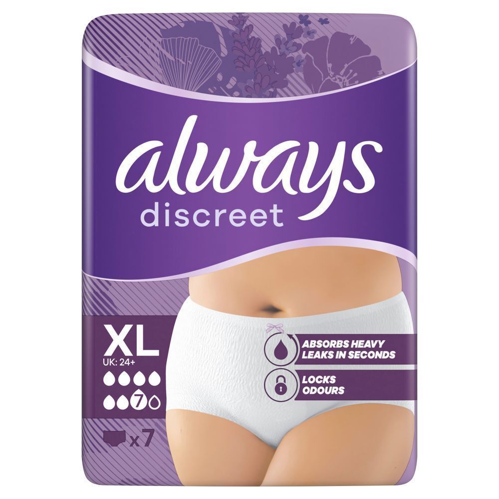 Always Discreet extra large pants, 7 drops, size EU 54+, UK 24+, 7 count, absorbs heavy leaks in seconds, locks odours. Plastic pack front panel in purple, Always logo dark purple.