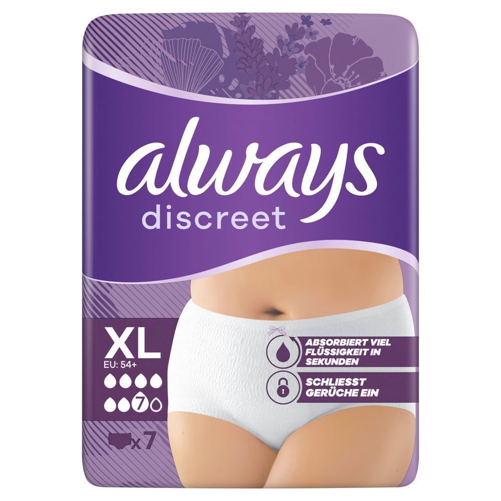 Always Discreet extra large pants, 7 drops, size EU 54+, UK 24+, 7 count, absorbs heavy leaks in seconds, locks odours. Plastic pack front panel in purple, Always logo dark purple.