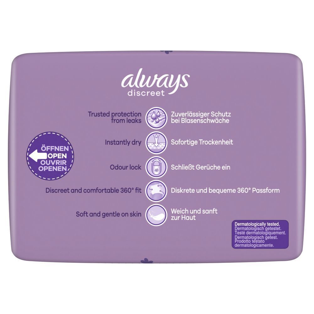 Always Discreet Verpackung mit dem Hinweis auf zuverlÃ¤ssigen Schutz bei BlasenschwÃ¤che. [EN] Always packaging highlighting the five benefits of complete protection, including trusted leak protection, instantly dry, odour lock, discreet and comfortable 360 fit, and soft and gentle on skin.;