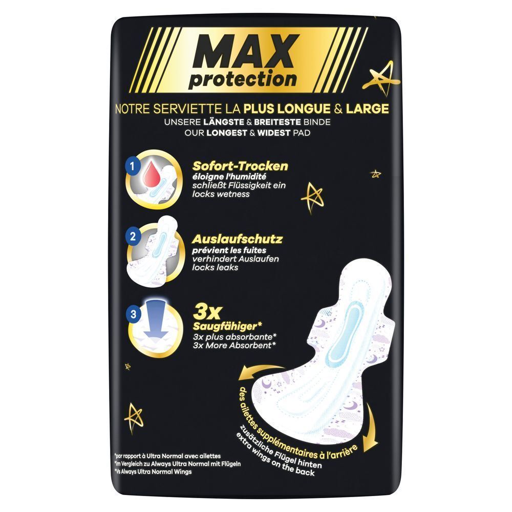 Always Max Protection Verpackung, Bis zu 12h Schutz, Sofort Trocken, Auslaufschutz, Geruchsneutralisierung, Rundum-Schutz;