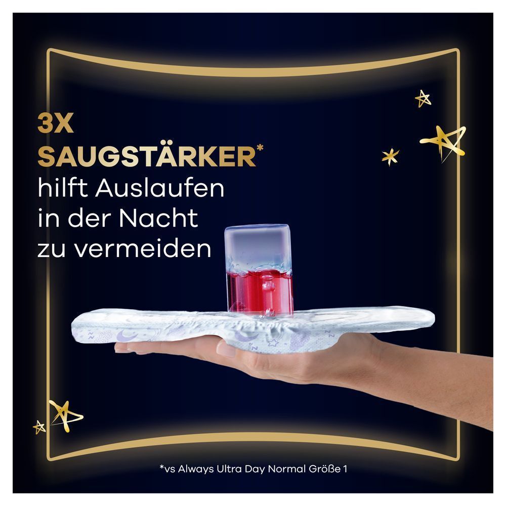 Always Binde mit Flüssigkeit demonstriert die 3x höhere Saugstärke, die hilft, Auslaufen in der Nacht zu vermeiden.