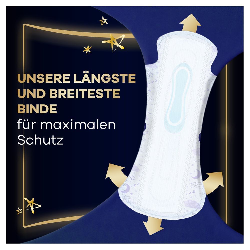 Always Binde, hervorgehoben als die längste und breiteste Binde für maximalen Schutz, mit goldenen Pfeilen, die die Abdeckung demonstrieren.