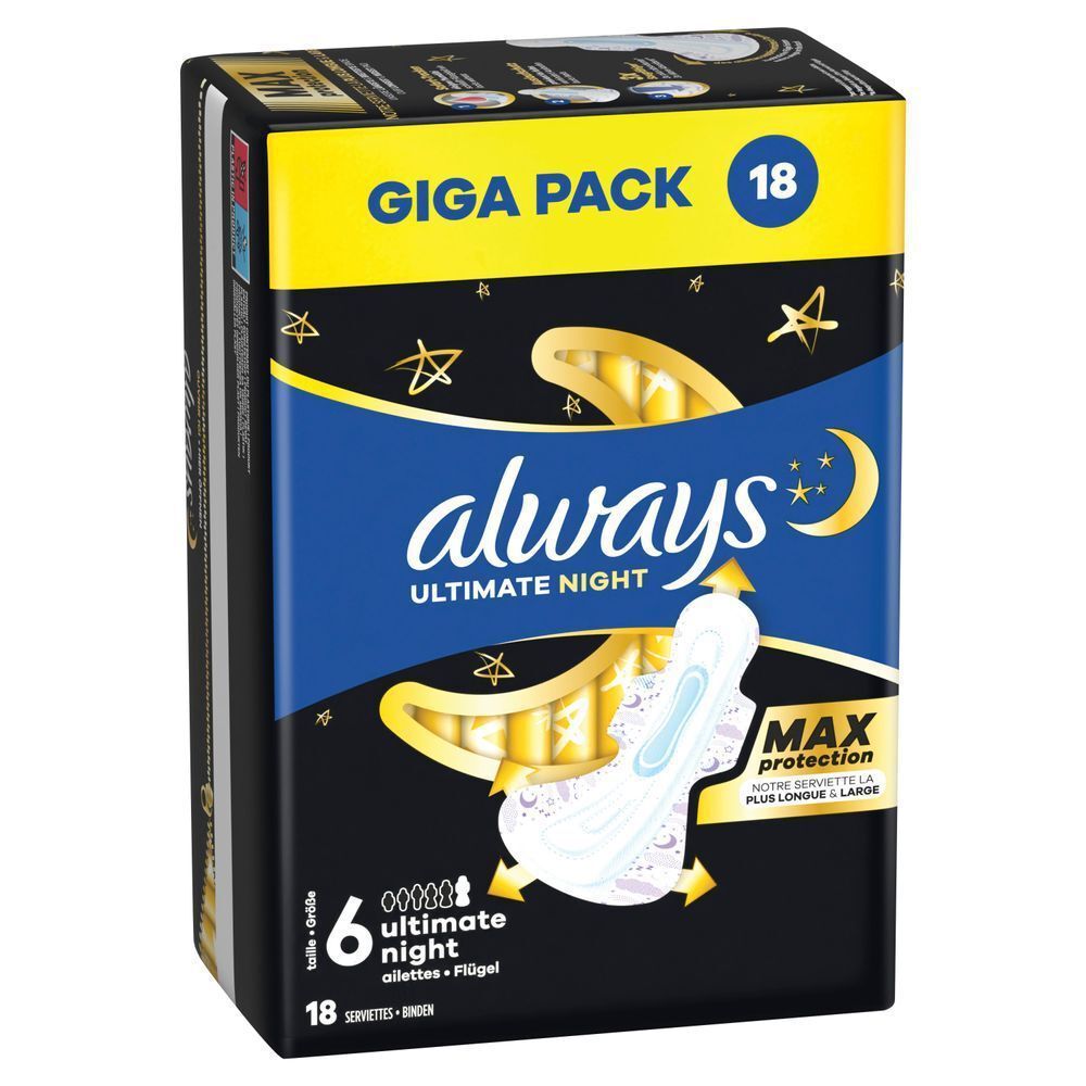 Always Ultimate Night Binden, Größe 6, Giga Pack mit 18 Stück, Max Protection, unsere längste und breiteste Binde;