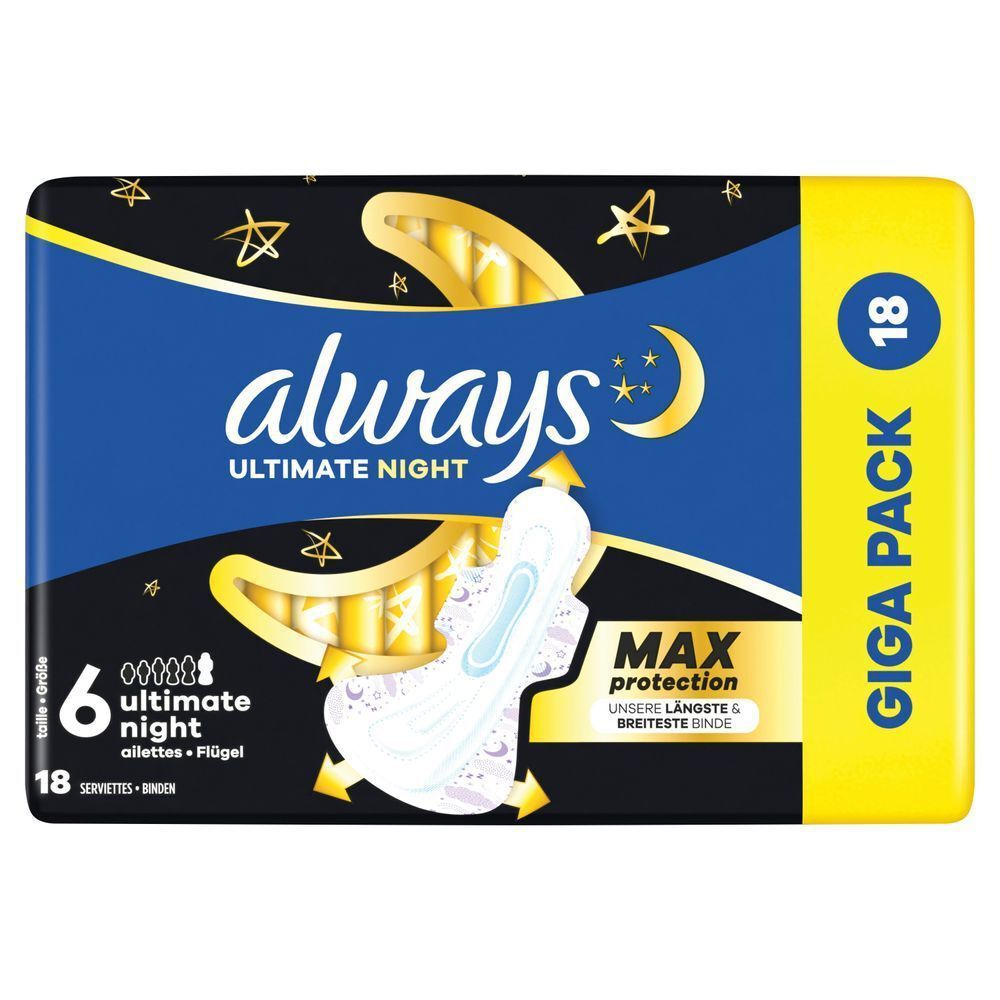 Always Ultimate Night Binden, Größe 6, Giga Pack mit 18 Stück, Max Protection, unsere längste und breiteste Binde;