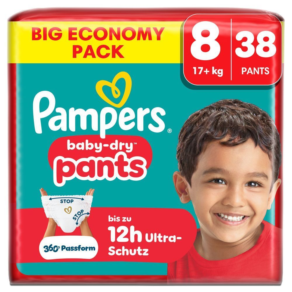 Pampers Baby-Dry Pants, Big Economy Pack, Größe 8 (17+ kg), mit dem Versprechen von bis zu 12 Stunden Ultra-Schutz.