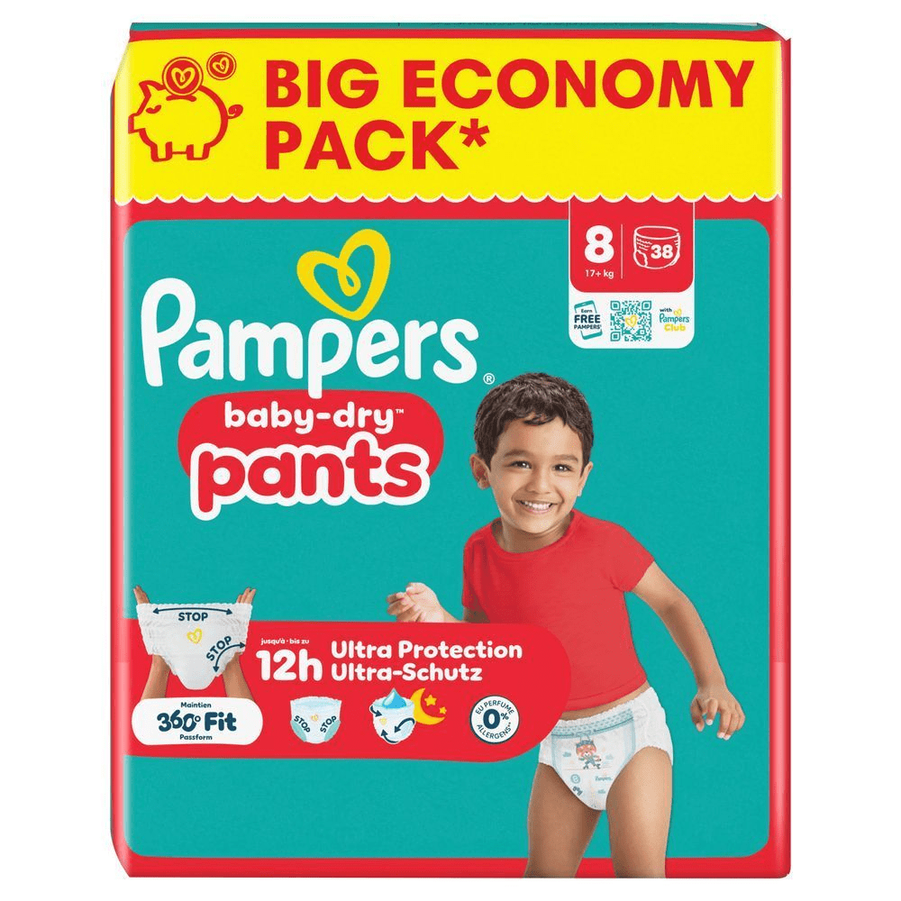 Pampers Baby-Dry Pants, Großpackung, mit dem Hinweis bis zu 12h Ultra-Schutz.