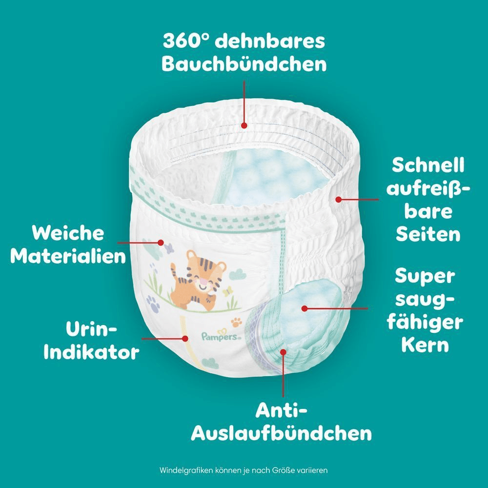 Pampers Windel mit Beschriftungen, die das 360° dehnbare Bauchbündchen und den super saugfähigen Kern hervorheben.