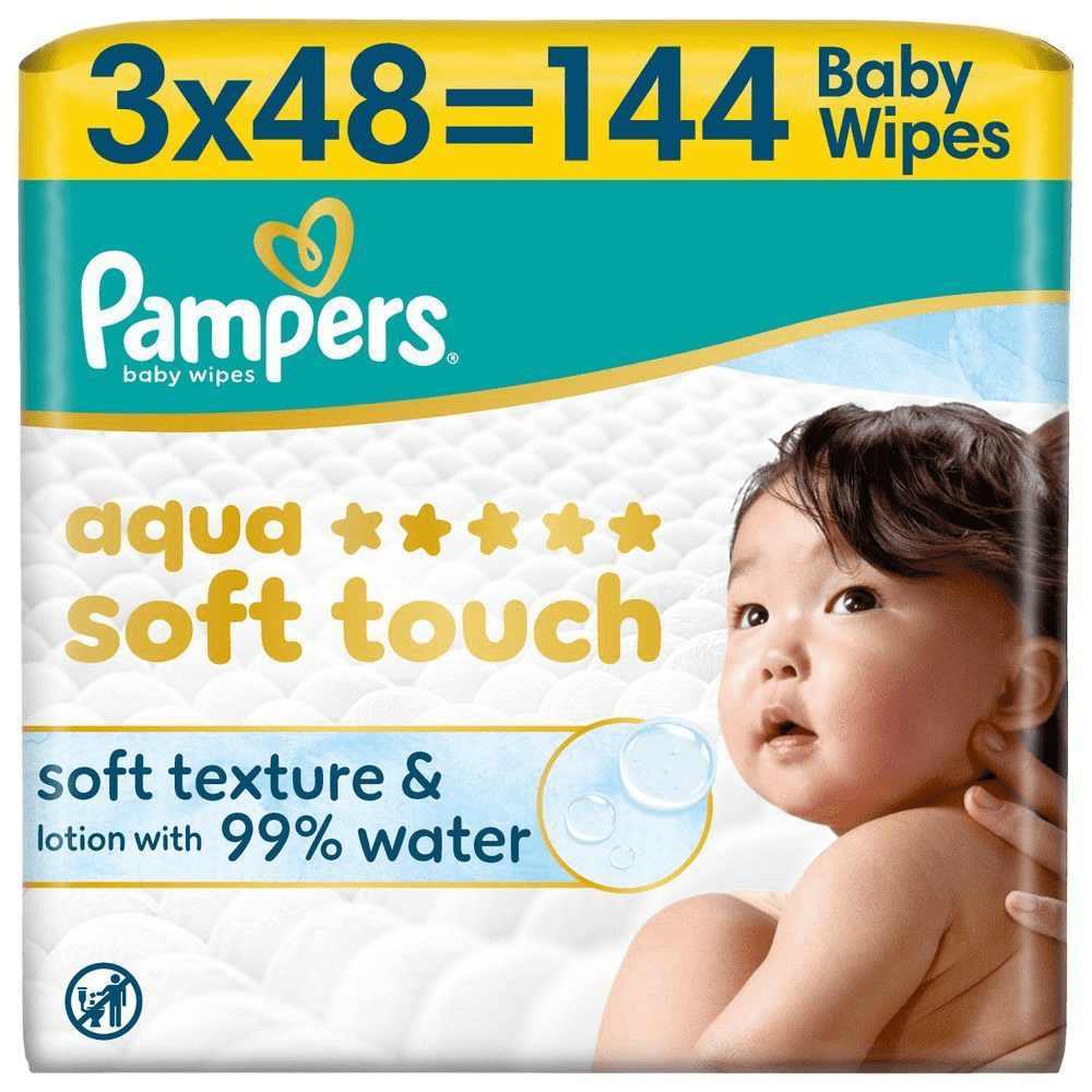 Pampers Aqua Soft Touch Feuchttücher, 3x48 = 144 Stück, unsere beste Reinigung und Hautschutz