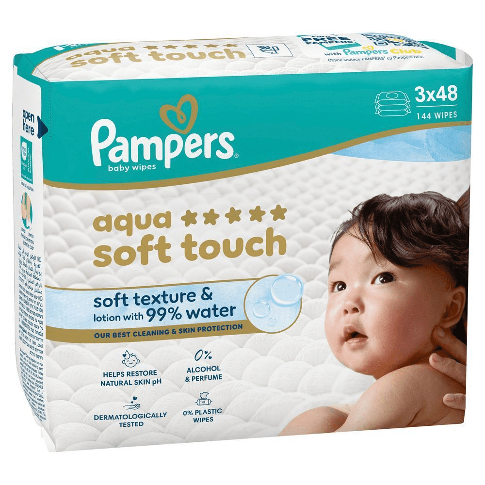 Pampers Aqua Soft Touch Feuchttücher, 99% Wasser & sanfte Textur.