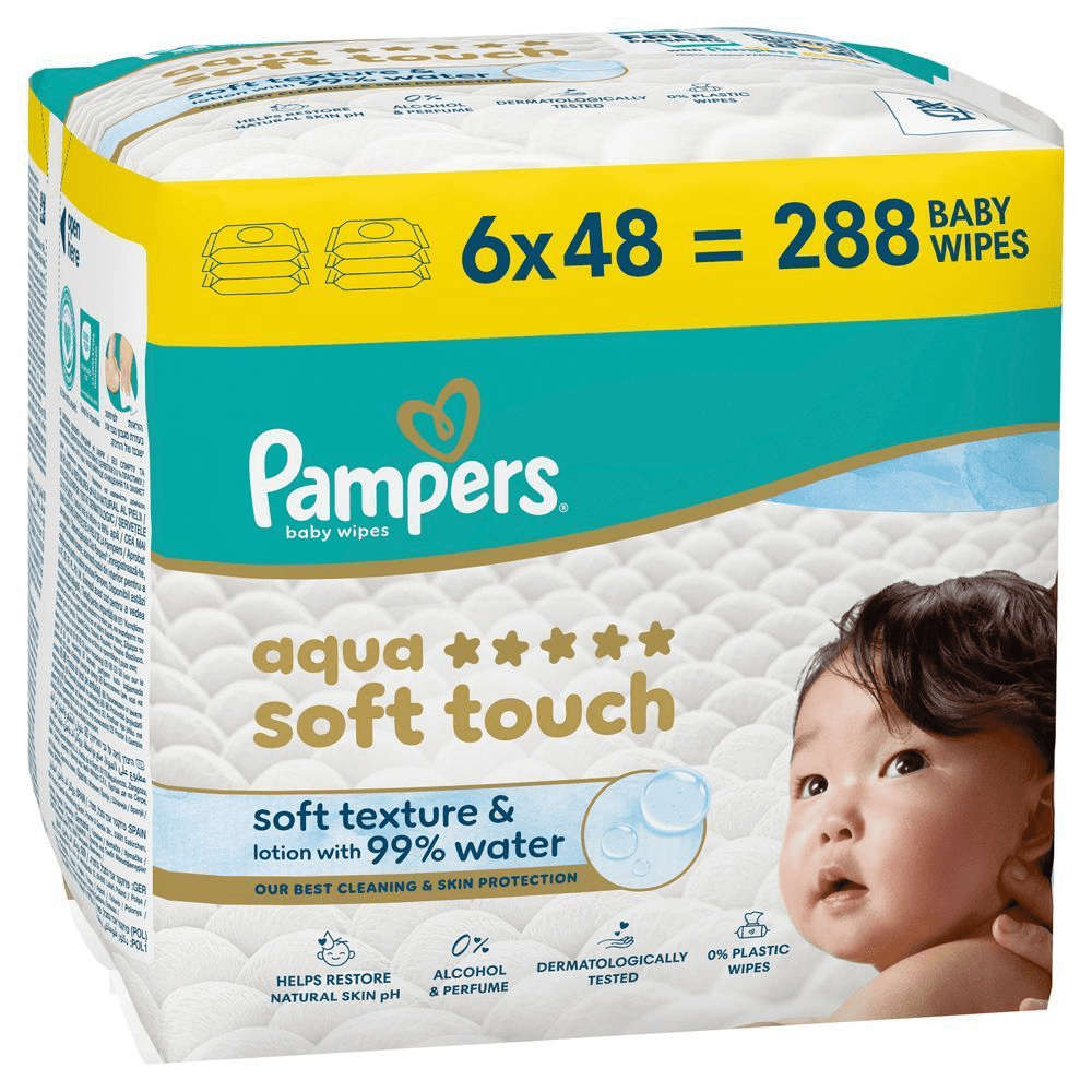 Pampers Aqua Soft Touch Feuchttücher, präsentiert die Formulierung mit weicher Textur und Lotion mit 99 % Wasser.